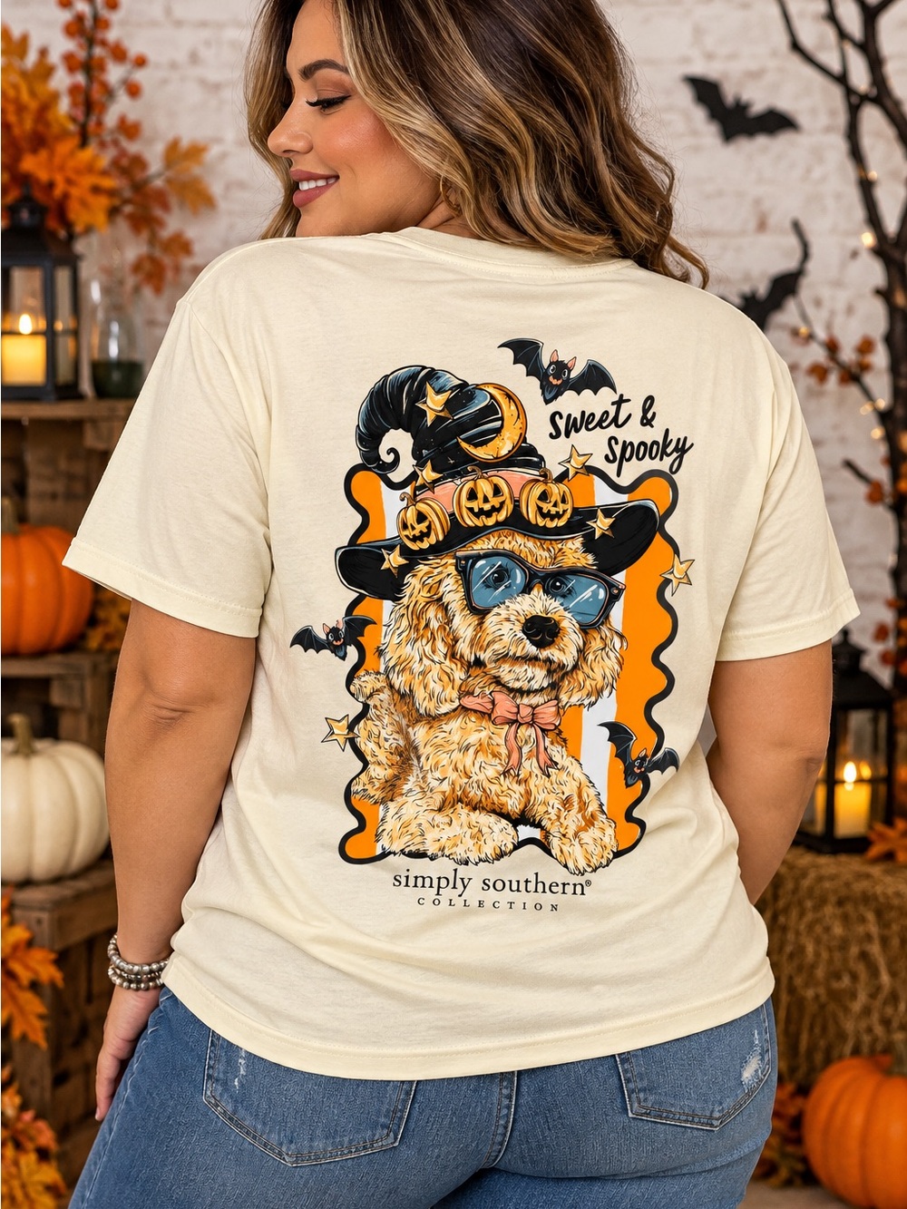 Simply Southern Cream Halloween Dog Graphic Tee with Black and Orange Accents